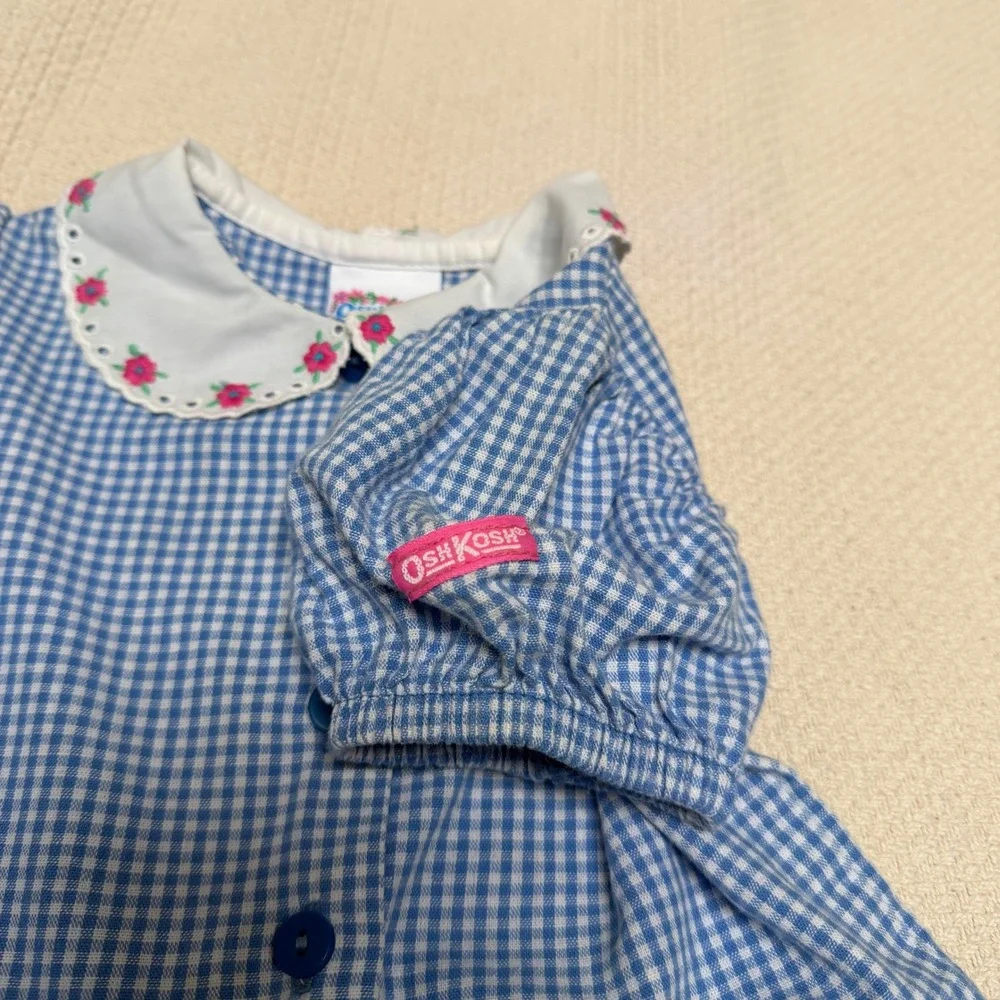 Vintage‎ OshKosh Bgosh Blue Gingham Dress Embroidered Floral Collar USA Girls 2T